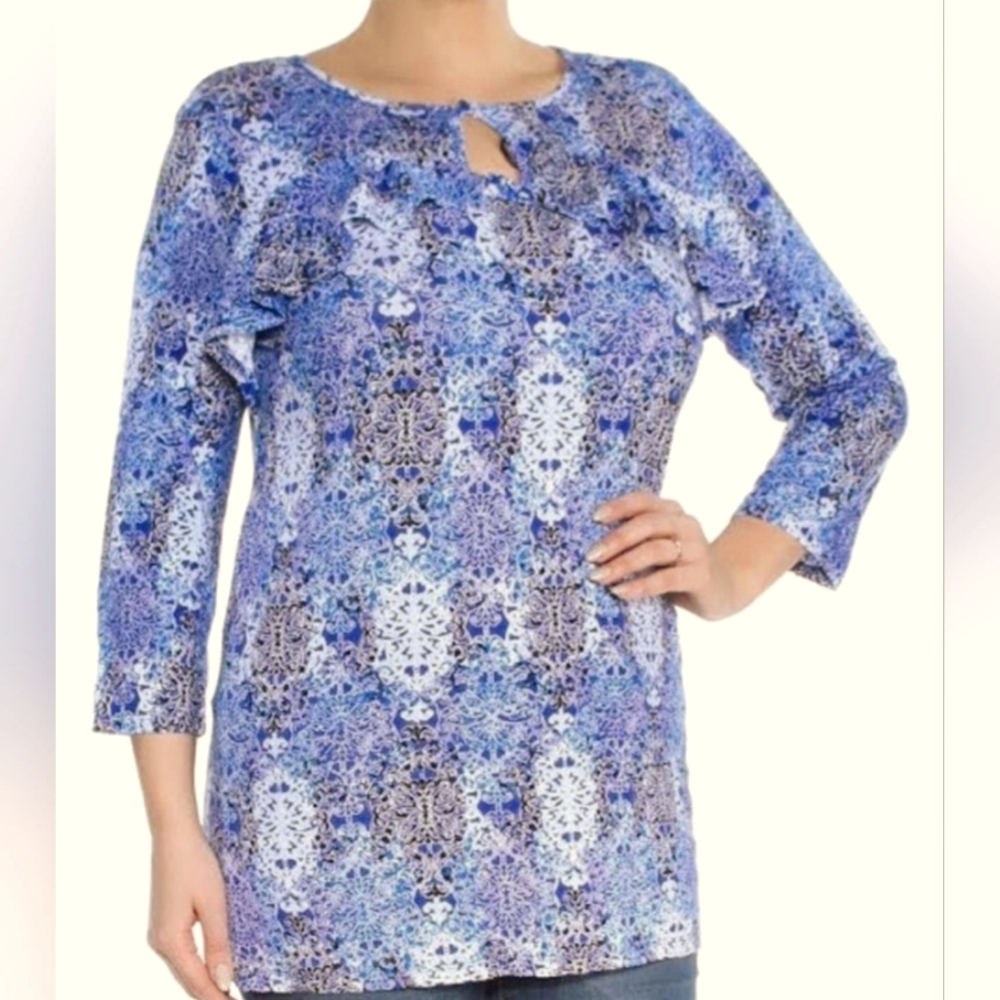 NY Colllection EUC Women's Long Sleeve Blouse, Size Large, Blue & White Pattern